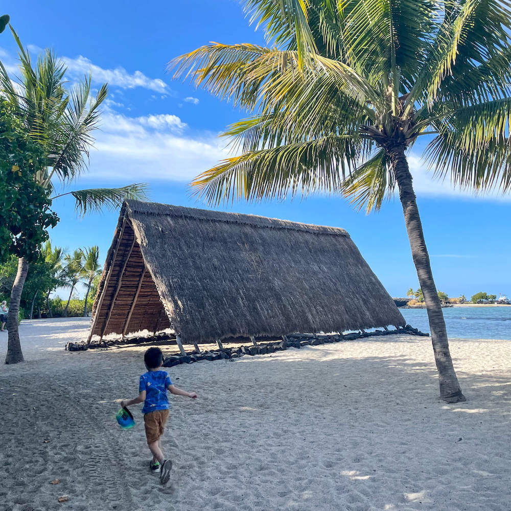 Image of a boy running toward a thatched straw structure in Hawaii.