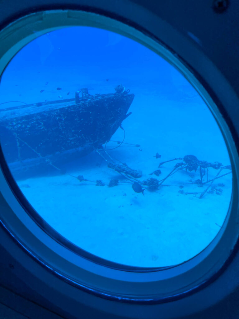 Image of a Kona submarine window showing a sunken ship.