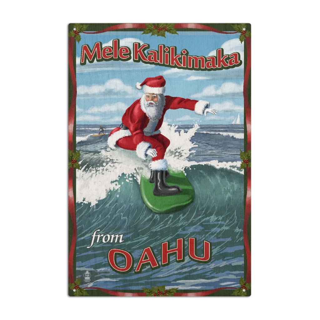 Image of a surfing santa with text that says Mele Kalikimaka from Oahu.
