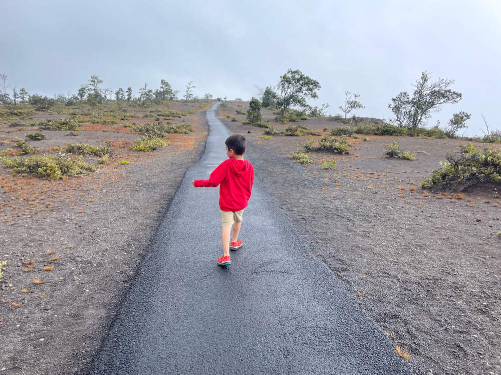 Image of a boy in a red sweatshirt walking on a paved path at Hawaii Volcanoes National Park.
