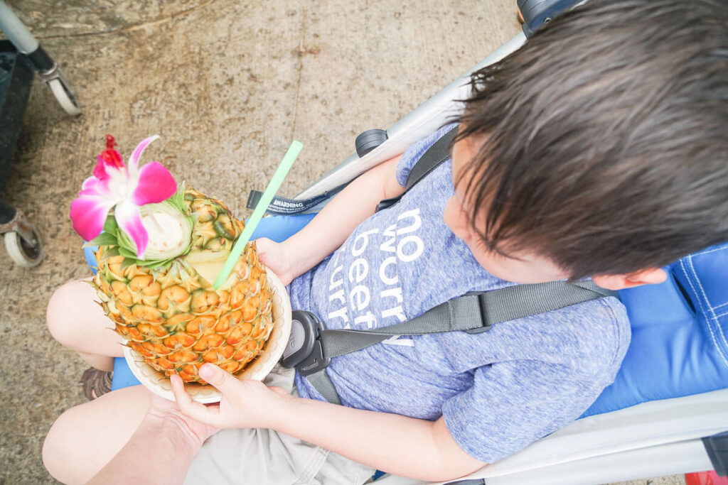 You can get a fancy pineapple drink at the Polynesian Cultural Center in Hawaii. Image of a boy in a stroller holding a fancy pineapple drink.