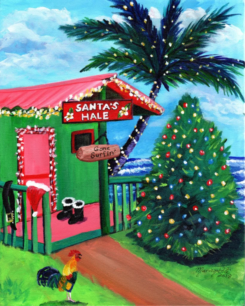Image of a surf shack near the beach all decorated for Christmas.