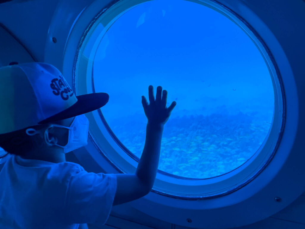 Image of a boy with his hand on a submarine window with a shipwreck in the background.
