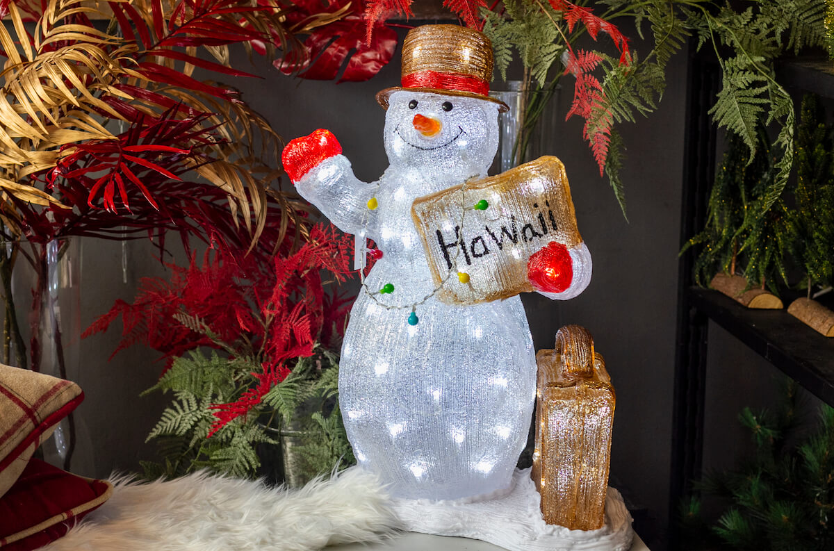 Find out the best hotels for a Hawaii Christmas vacation by top Hawaii blog Hawaii Travel with Kids. Image of a lit up snowman holding a sign that says Hawaii on it.