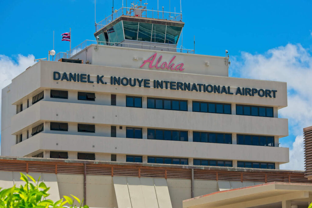 Image of the control tower at the Daniel K. Inouye International Airport on Oahu.