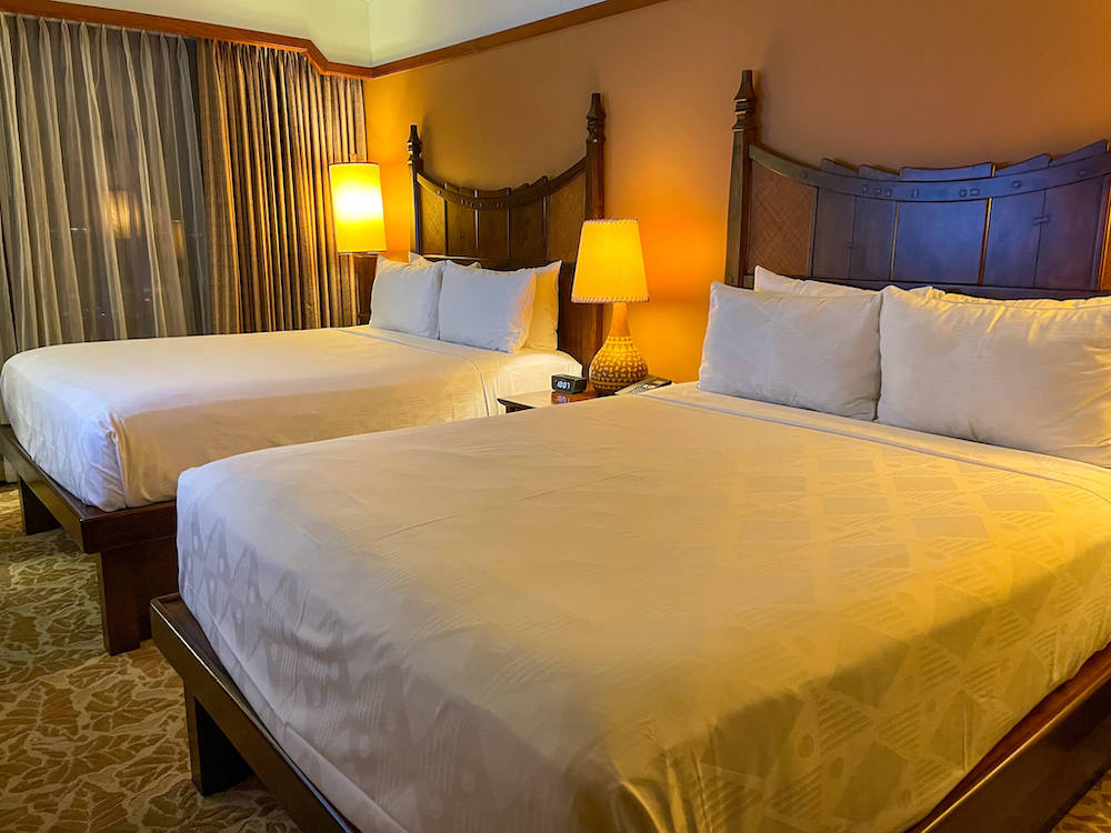 Image of two queen beds at Disney Aulani Resort in Hawaii.