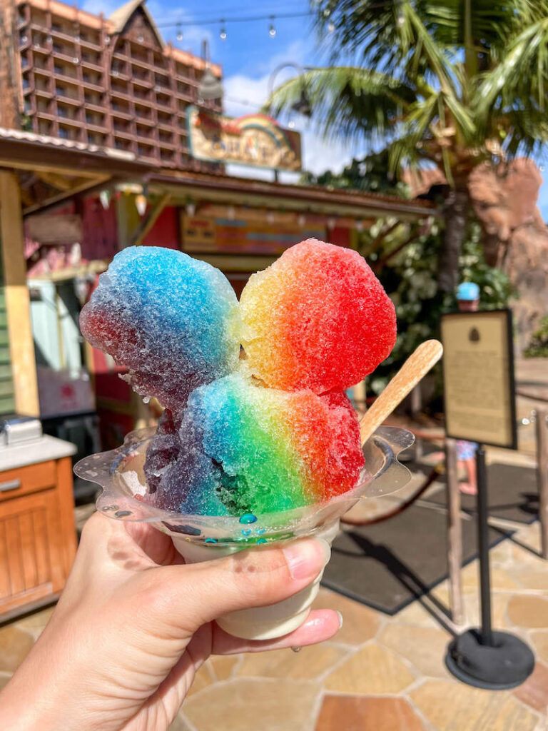 Image of rainbow colored Mickey Mouse shave ice at Disney Aulani resort in Hawaii.