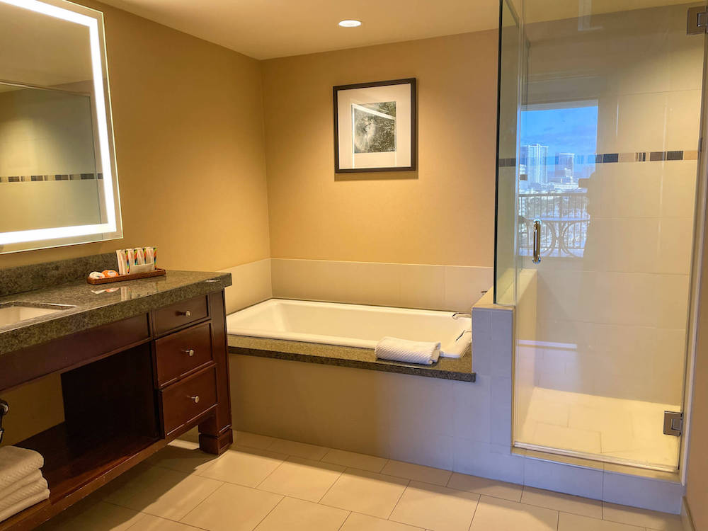 Image of a hotel bathroom with a shower stall and a bath tub.