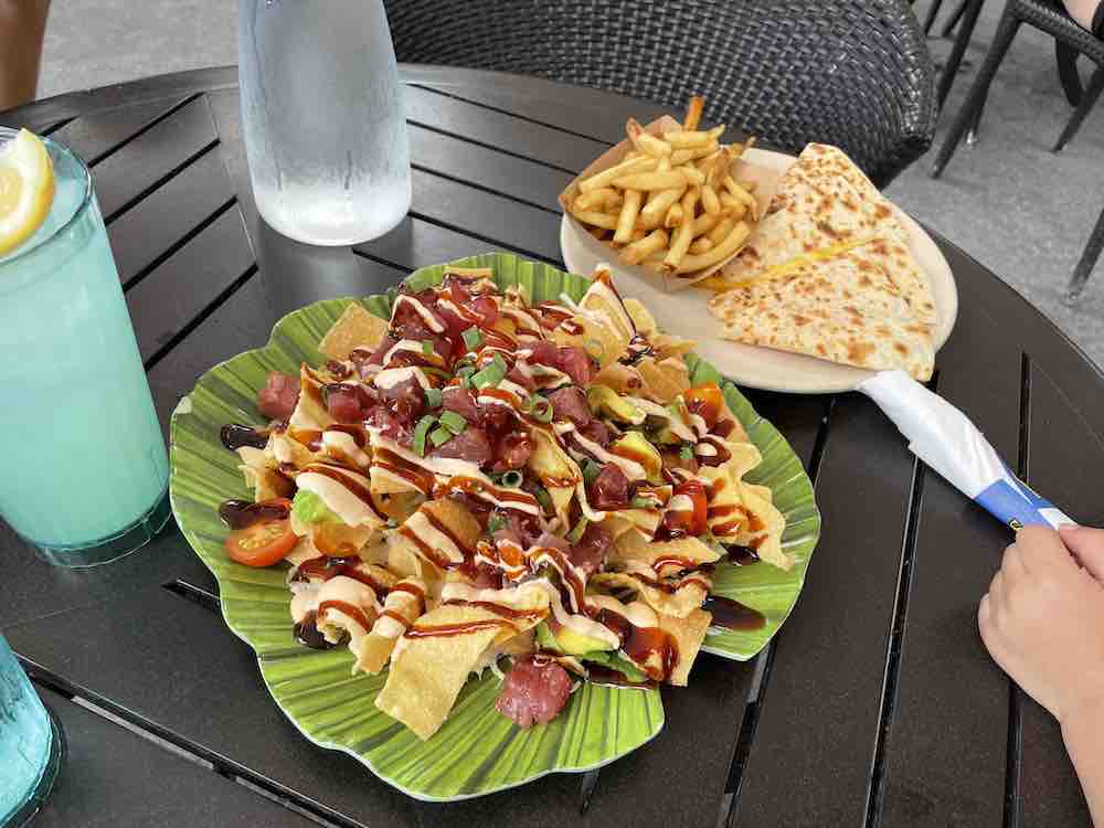 poke nachos and cheese quesadilla at Huggo's on the Rocks