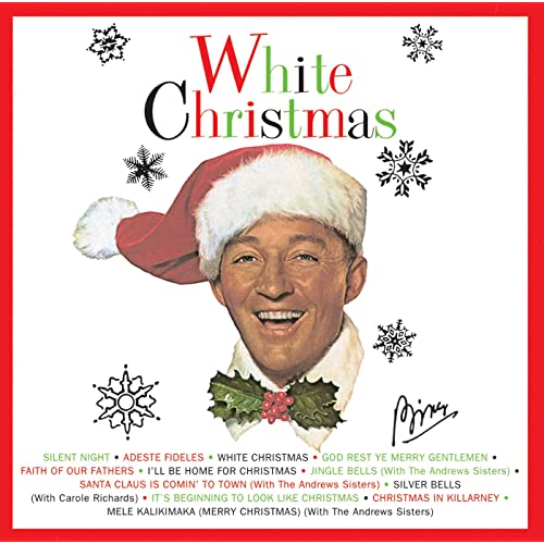 Image of Bing Crosby wearing a Santa hat on the White Christmas album cover