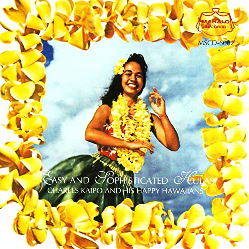 Image of a vintage hula dancer on an album surrounded by a yellow lei.