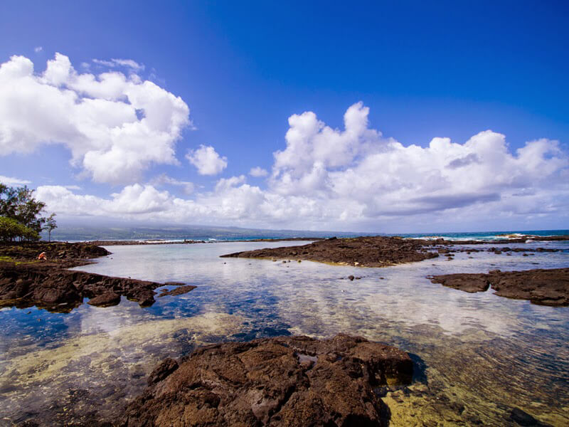 Image of a Hilo beach with lots of rocks creating calm swimming