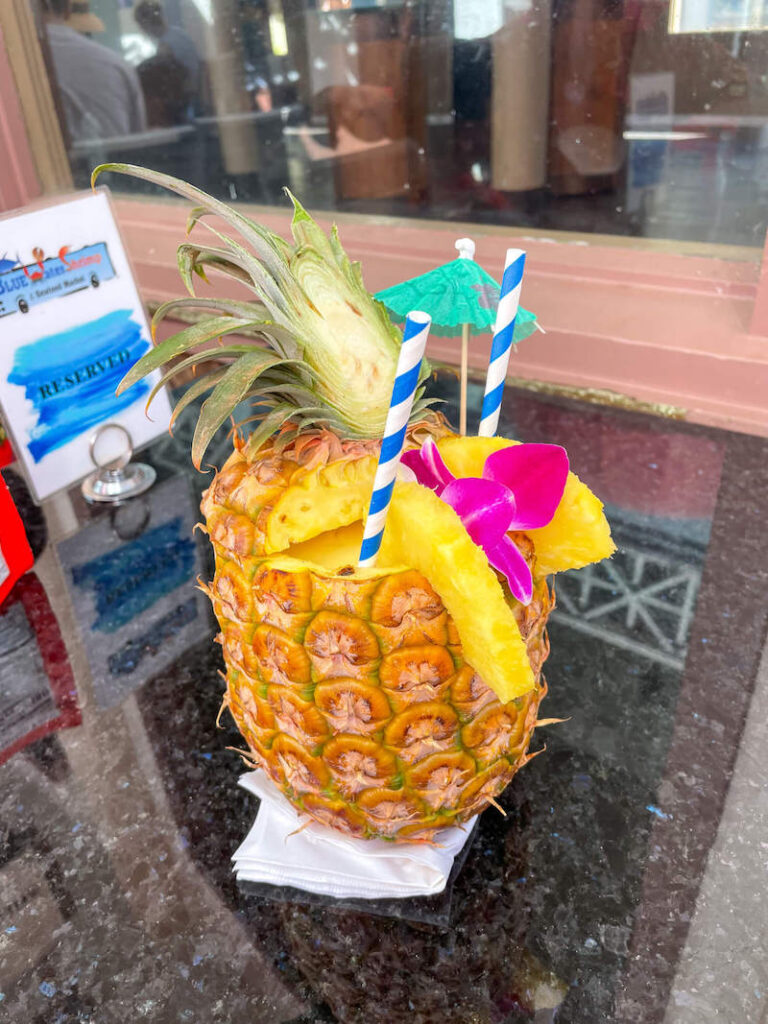 Image of a pineapple smoothie inside a whole pineapple at the Hilton Hawaiian Village on Oahu.