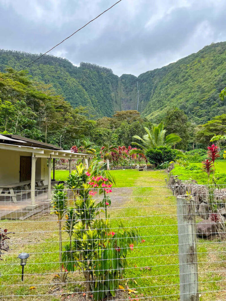 Image of a home with a garden with a tall waterfall in the background.