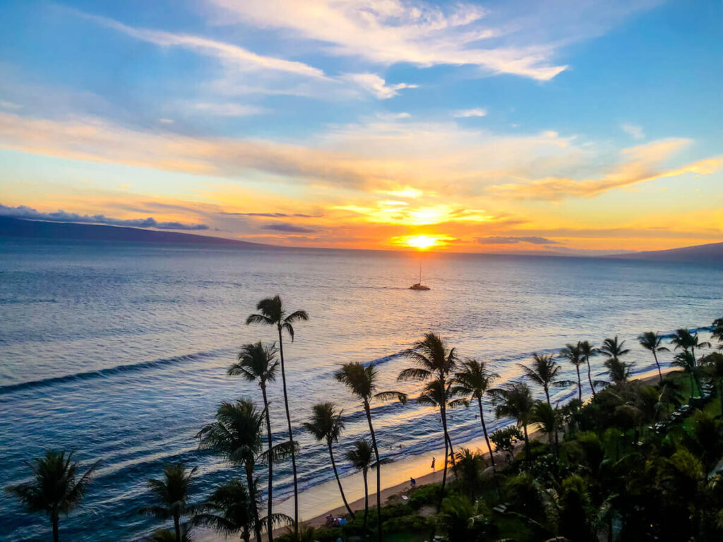 Image of the sunset on Maui over the ocean with palm trees and beach.