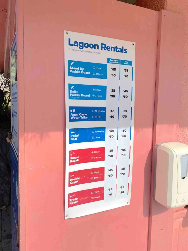 Image of the Hilton Waikoloa Village lagoon rental price list.