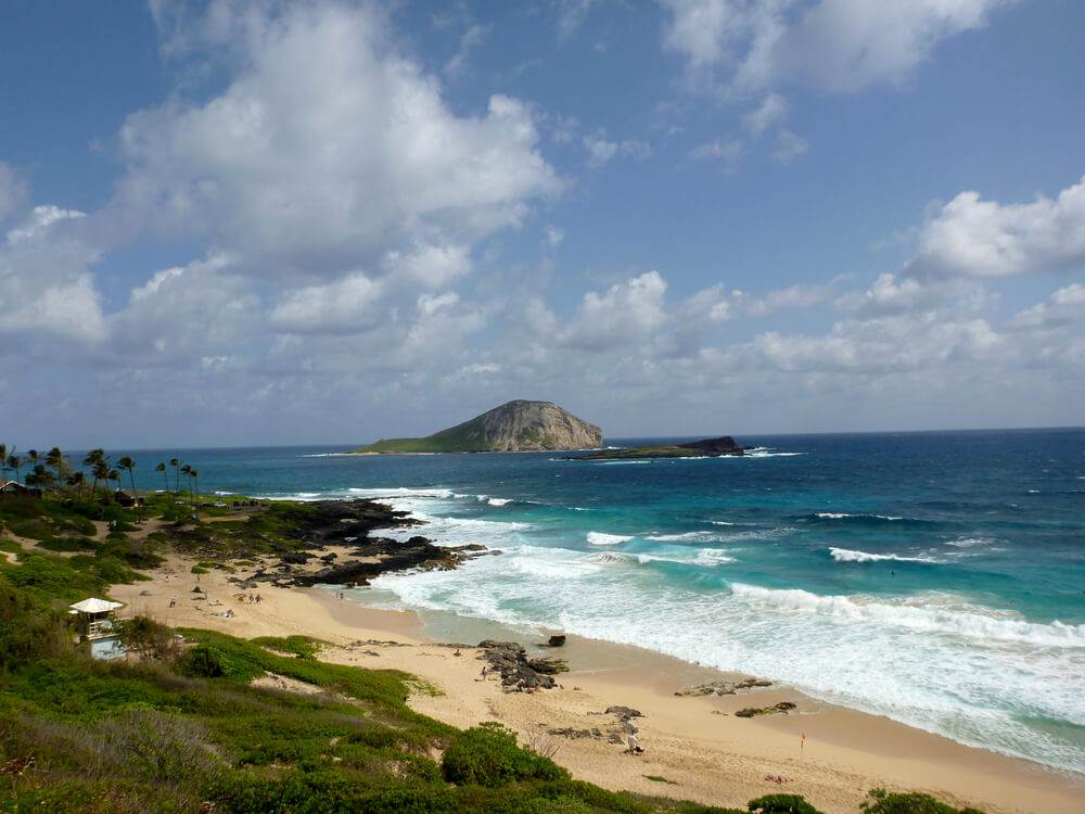 Image of a sandy beach with crashing waves and a little island in the background.