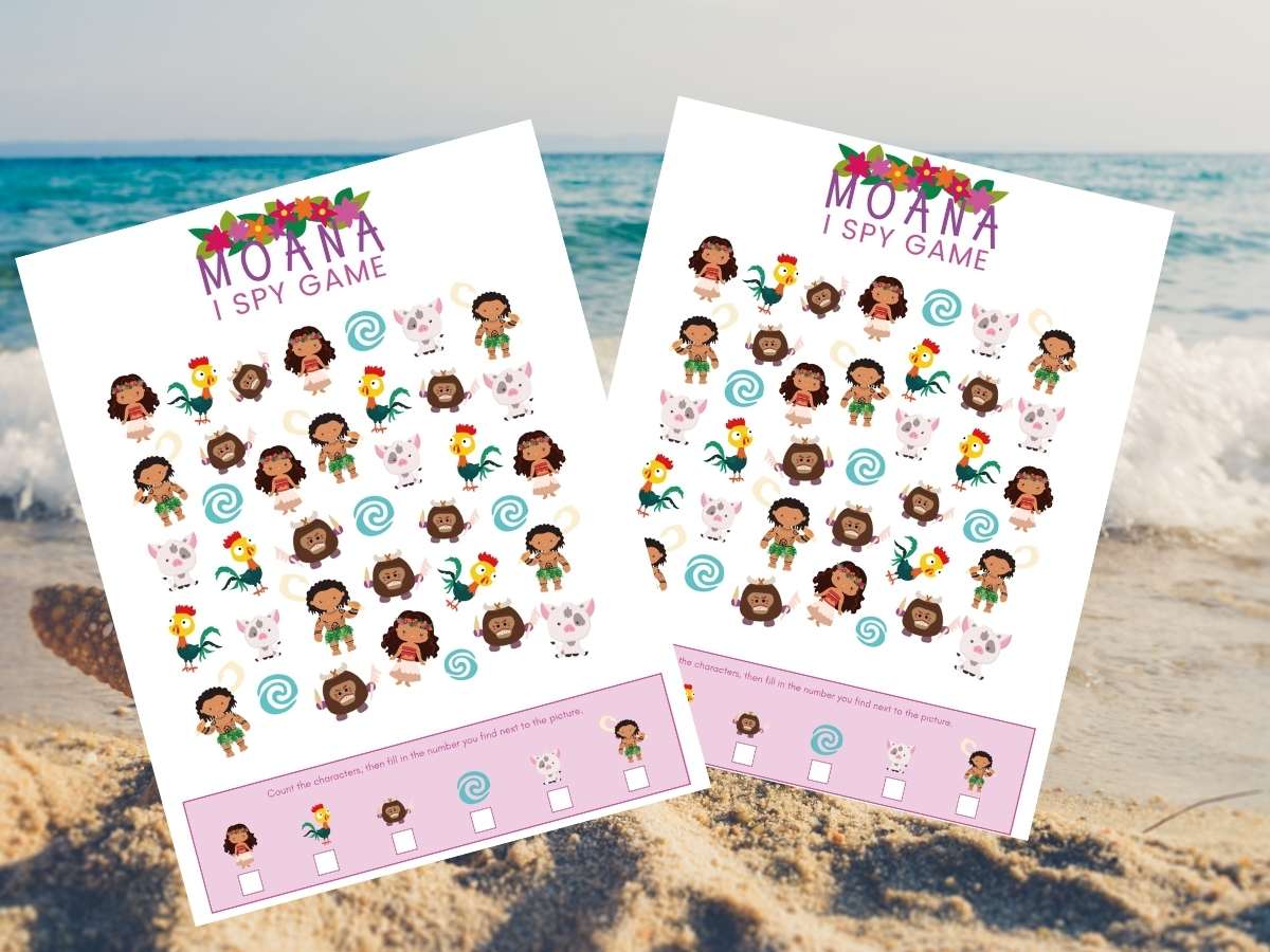 Find out how to get this free Disney printable Moana I Spy game by top Hawaii blog Hawaii Travel with Kids. Image of a Moana party game with a beach image in the background.