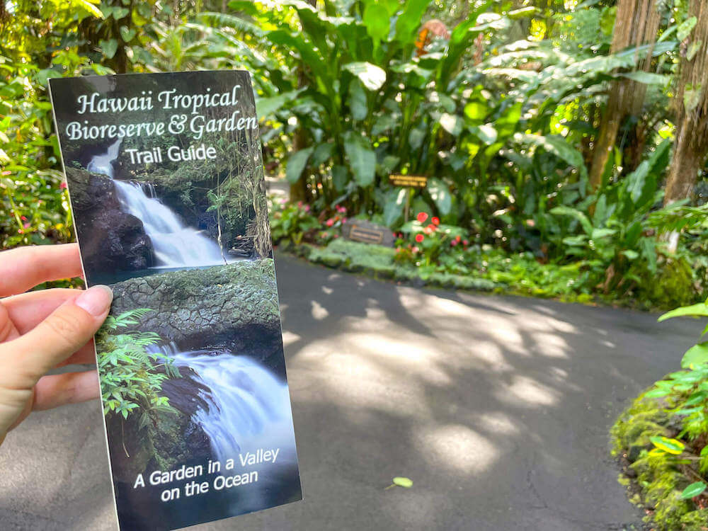 Image of the Hawaii Tropical Bioreserve & Garden trail guide with paved paths through a rainforest in the background.