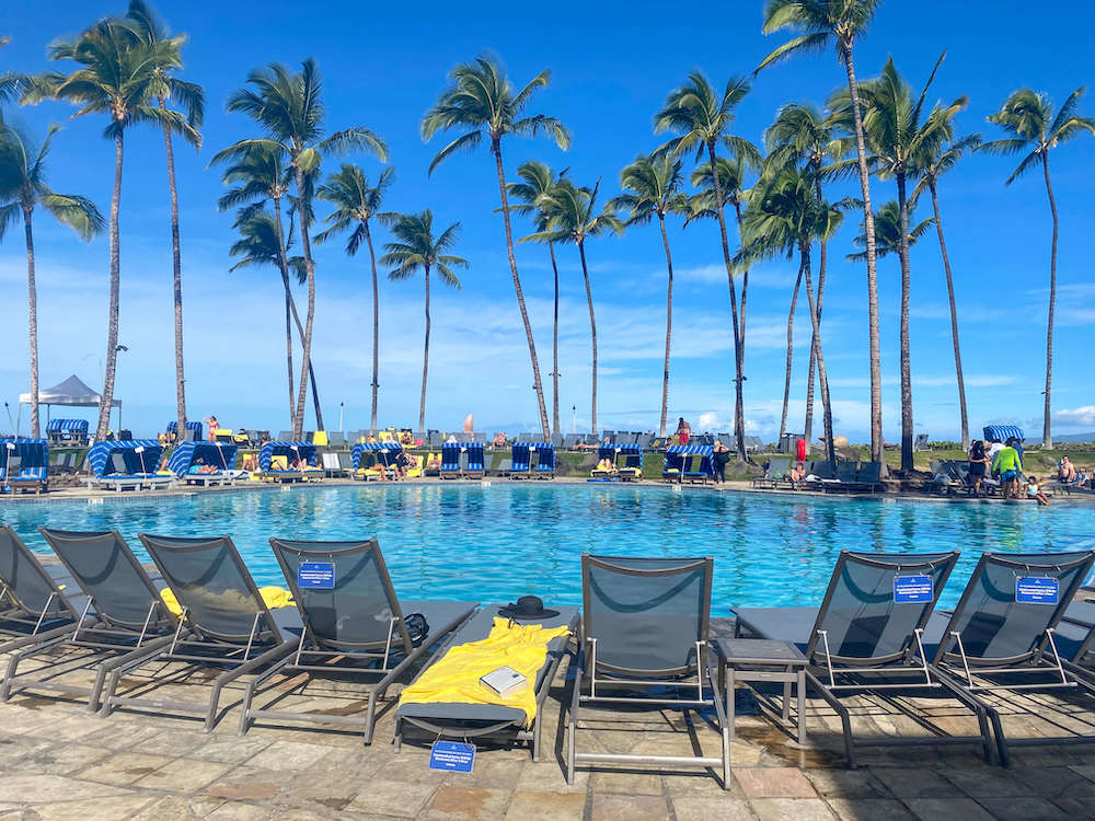 Image of a tropical pool with palm trees and lounge chairs at the Hilton Waikoloa Village.