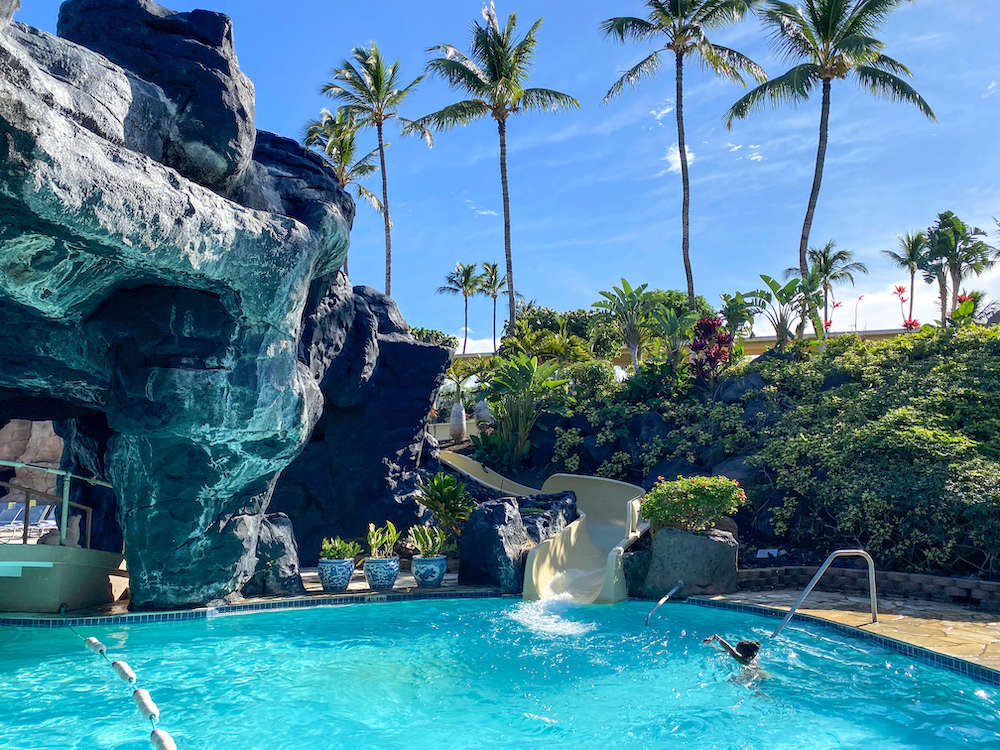 Image of a waterslide at the Hilton Waikoloa Village, one of the best kid friendly Big Island resorts.