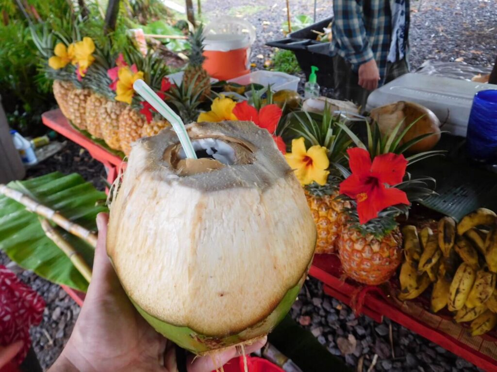 Image of someone holding up a coconut with a straw in it in front of pineapples with hibiscus flowers attached at the Hilo Farmers Market on the Big Island of Hawaii.