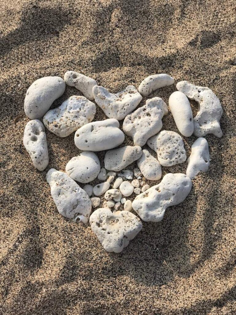 Image of a bunch of Hawaiian coral in the shape of a heart on a beach.