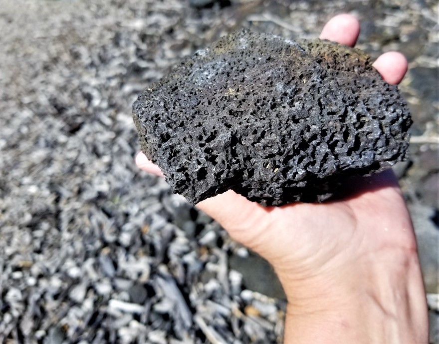 Image of someone holding lava rock at the beach in Hawaii