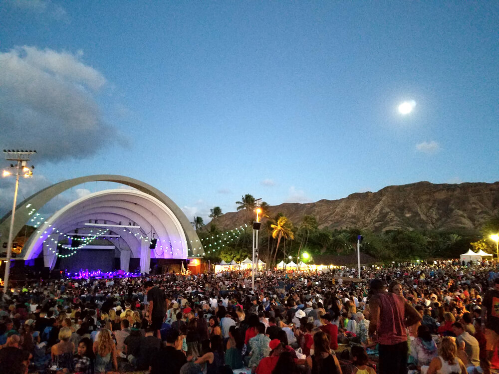 Image of a Jack Johnson concert at the Waikiki Shell outdoor concert space on Oahu.