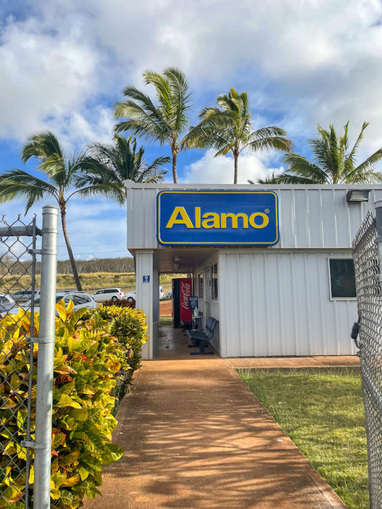 Image of a little Alamo car rental office on Molokai.