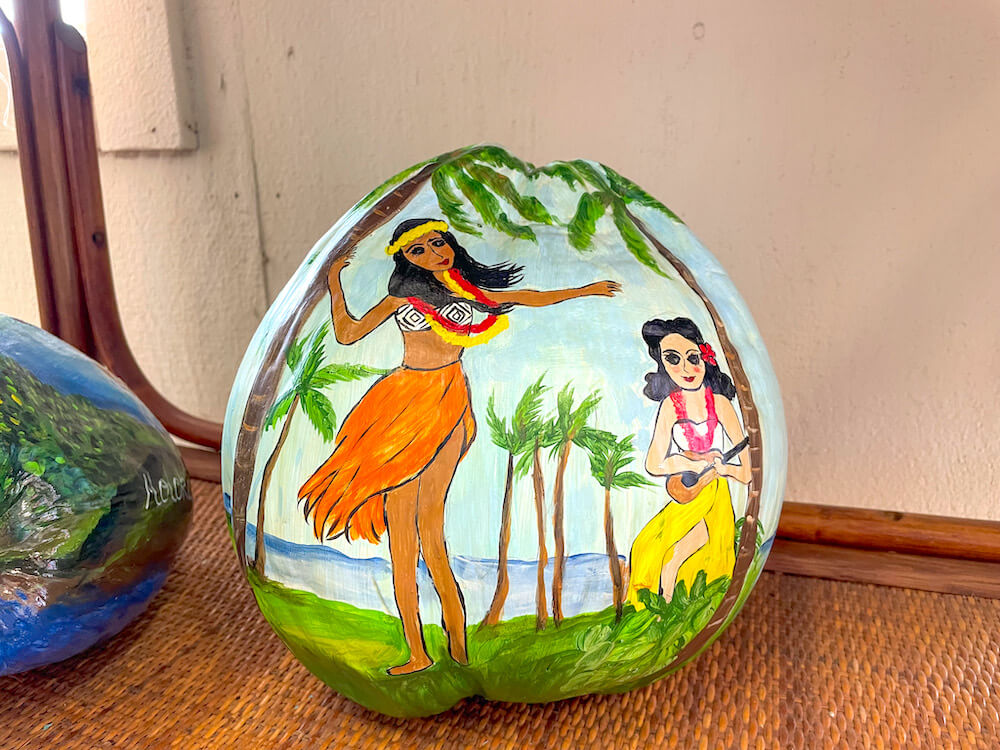 Image of a painted coconut at a shop in Moloka'i.