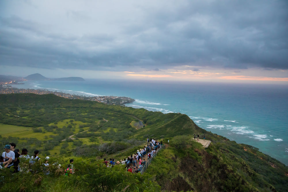 Image of people on the easy Oahu hiking trail to Diamond Head Crater.