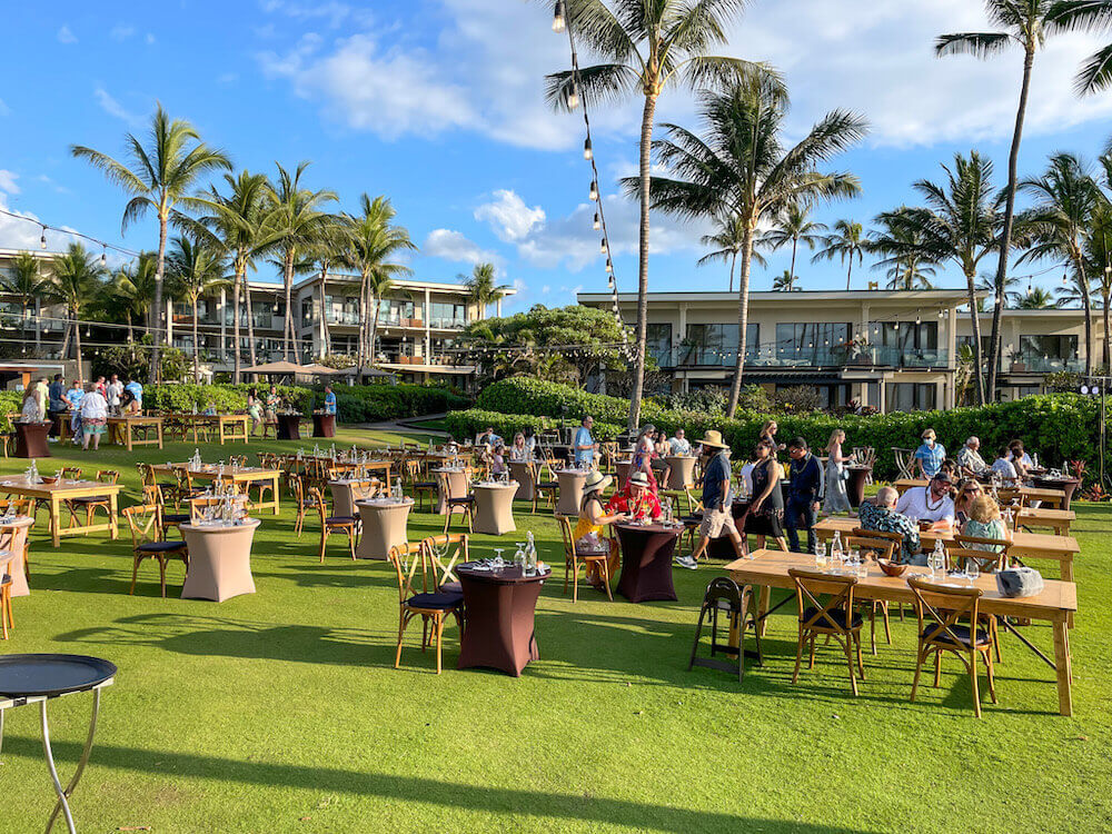 Image of a bunch of outdoor seating at the Feast at Mokapu at the Andaz Maui resort.