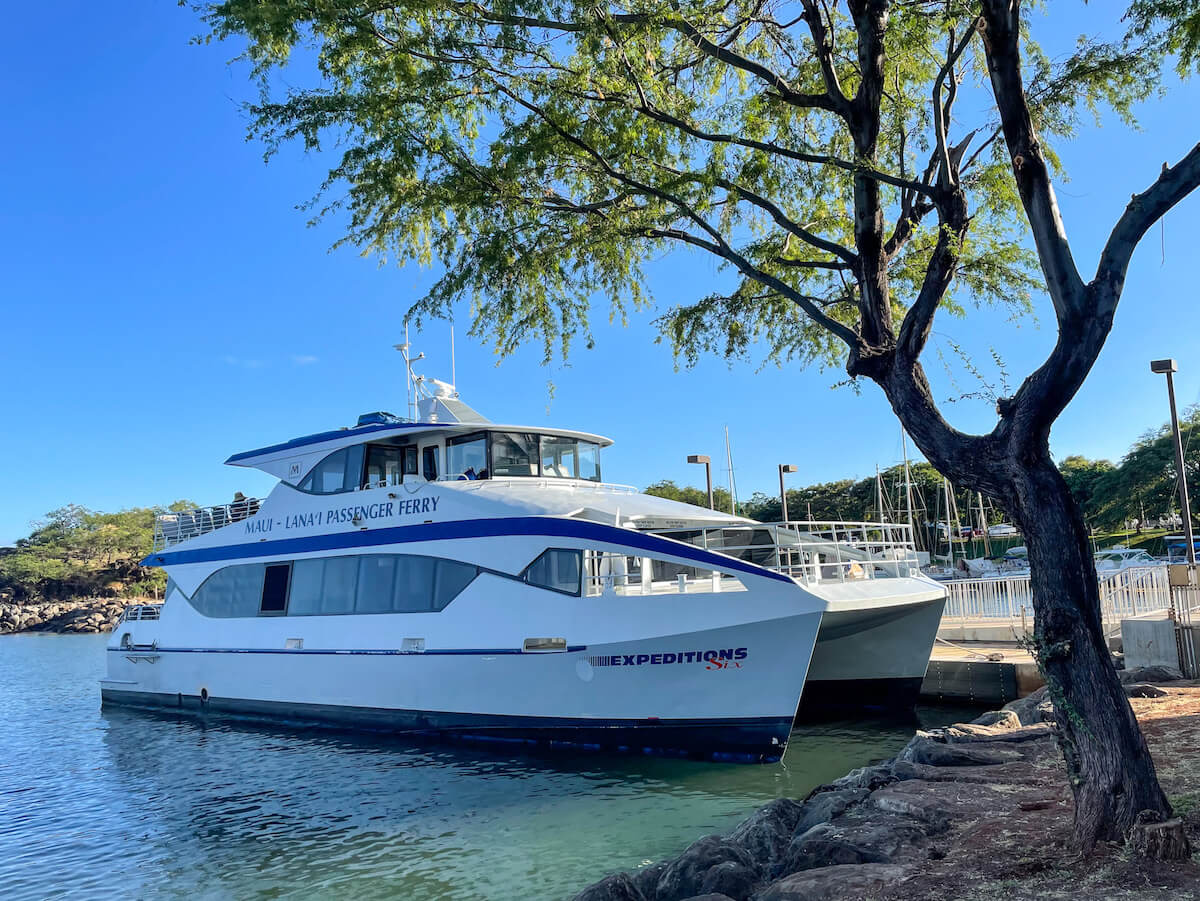 Find out how to take the Ferry from Maui to Lanai by top Hawaii blog Hawaii Travel with Kids. Image of the Lanai Ferry at Manele Harbor with a tree in the foreground.