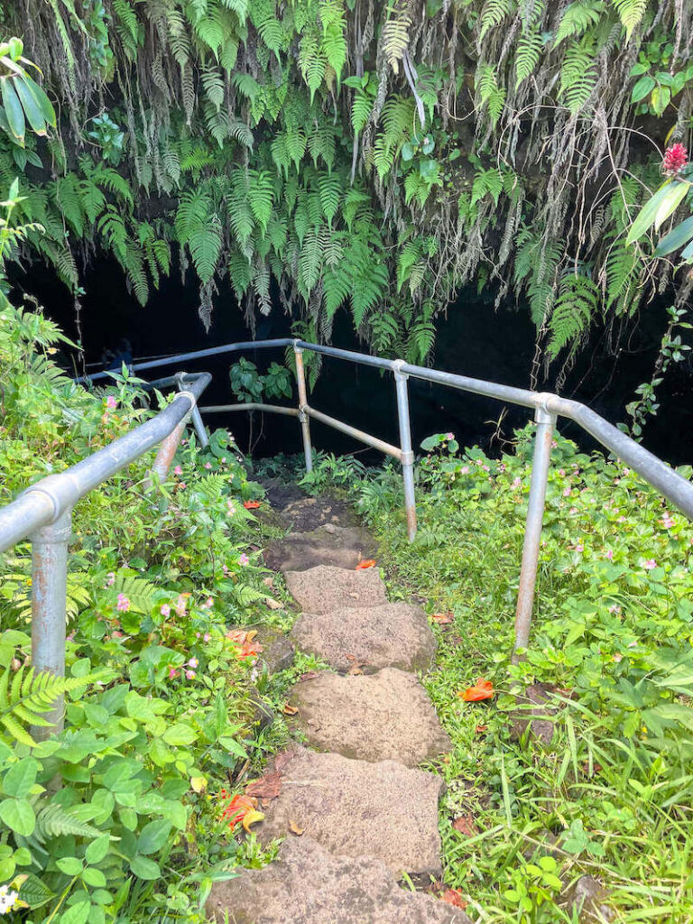 Image of stone steps and railings leading into a lava tube in Hana Maui.