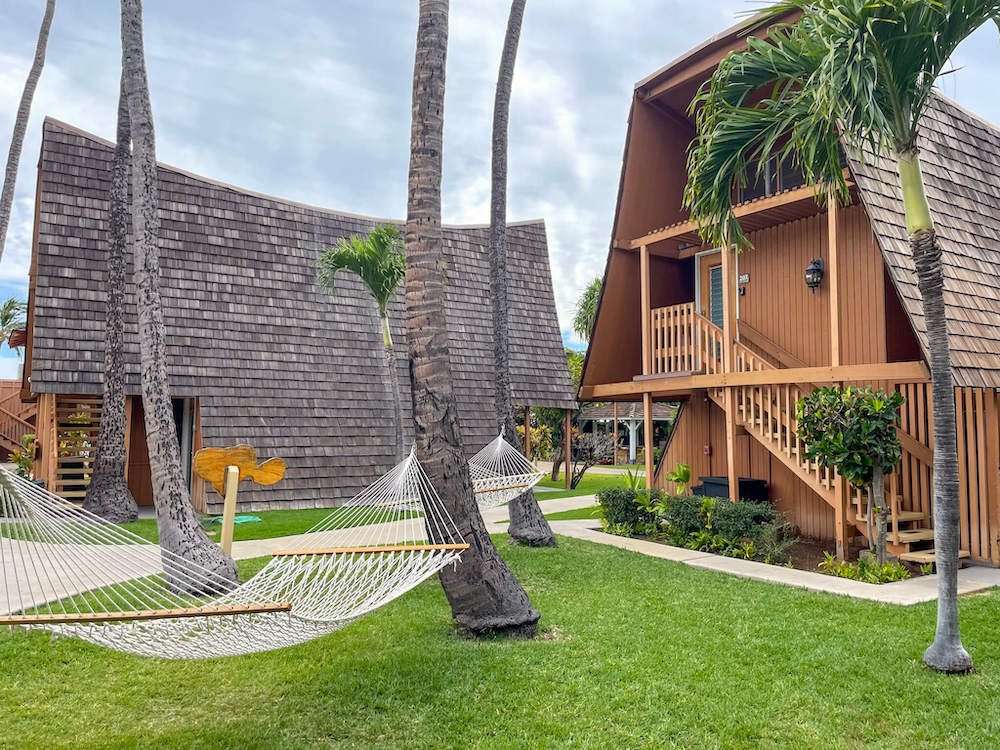 Image of two hammocks on palm trees in between bungalow-style hotel rooms on Molokai.