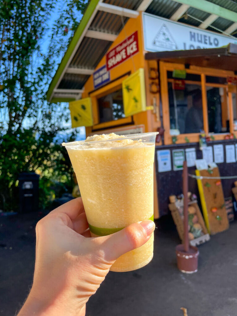 Image of someone holding a pineapple smoothie in front of a roadside stand along the Road to HAna Maui.