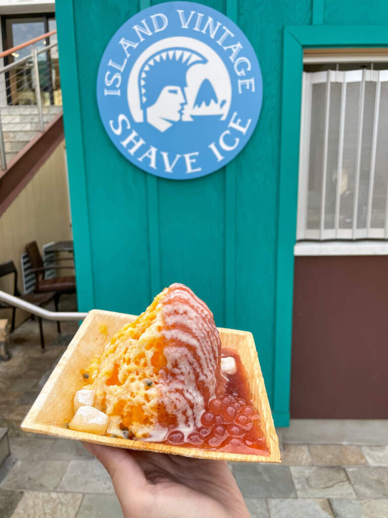 Image of a square bowl of shave ice. popping boba, and mochi at Island Vintage Shave Ice on Maui.