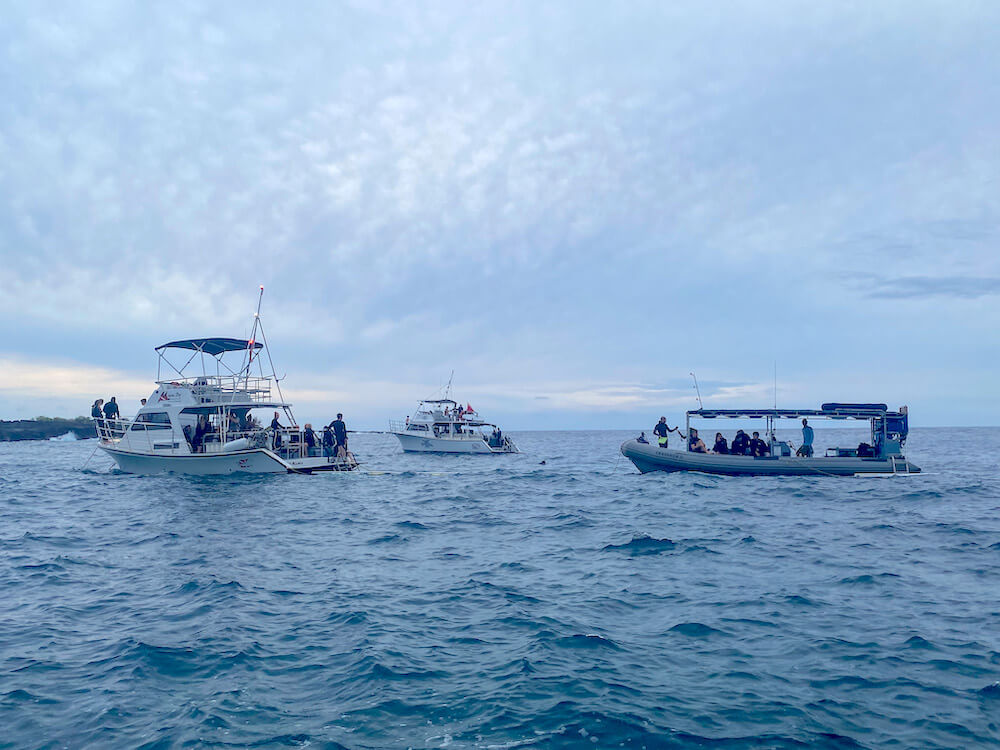 Image of boats in the water at twilight in Kona Hawaii.