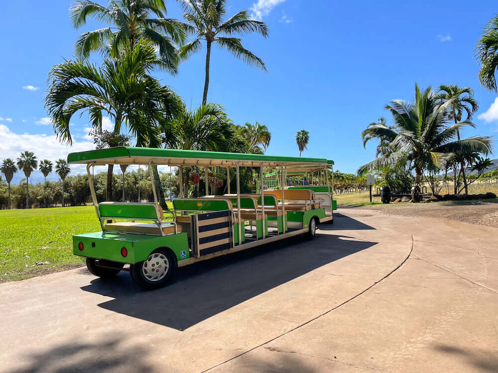 Find out the best things to do at Maui Tropical Plantation. Image of a green tram at a Maui botanical garden.