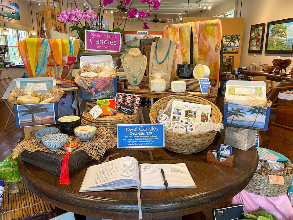 Image of some Hawaiian art, candles, and jewelry at a shop in Lanai City.