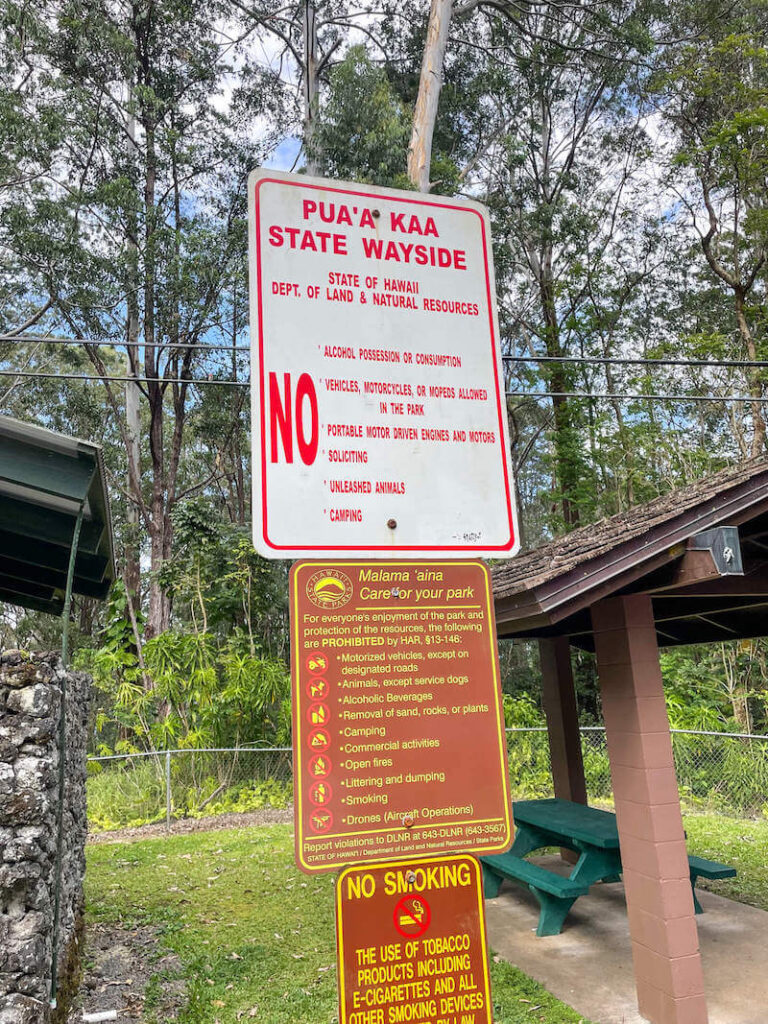 Image of a Pua'a Ka'a State Wayside park sign along the Road to Hana.