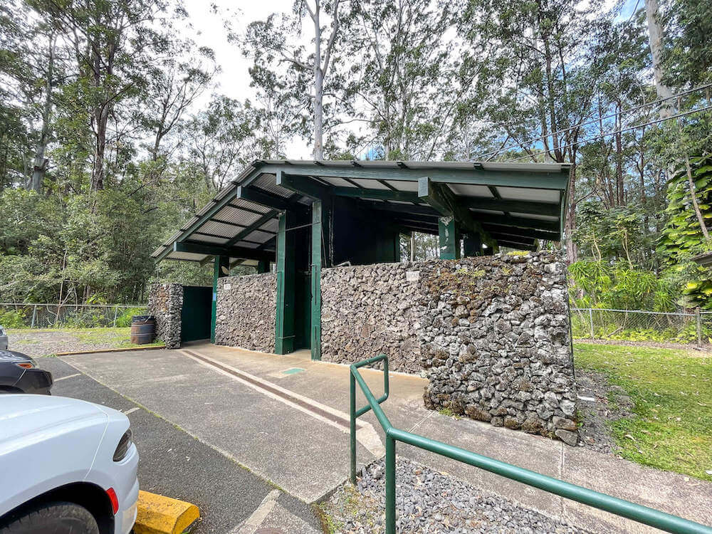 Image of a lava rock restroom along the Road to Hana in Maui.