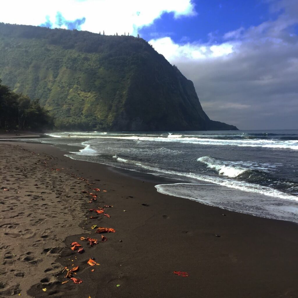 Image of a black sand beach in Waipio Valley on the Big Island of Hawaii.