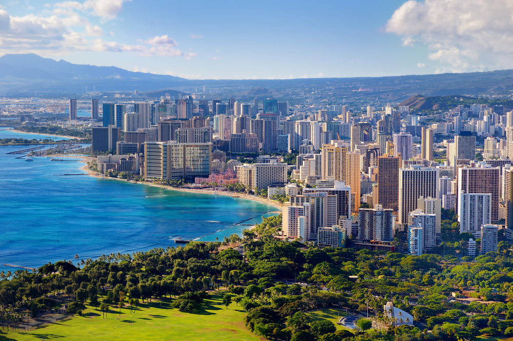 Image of Waikiki Beach and tons of Honolulu buildings