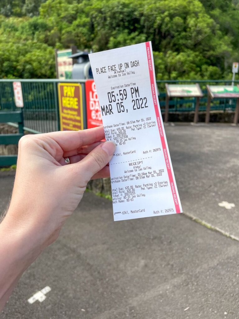 Image of a parking receipt for Iao Valley State Park on Maui