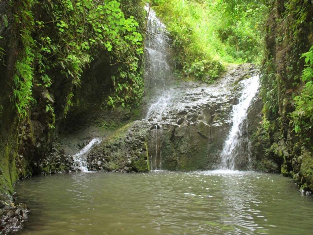 Maunawili Falls on Oahu: Image of three trickling waterfalls going into a basin.