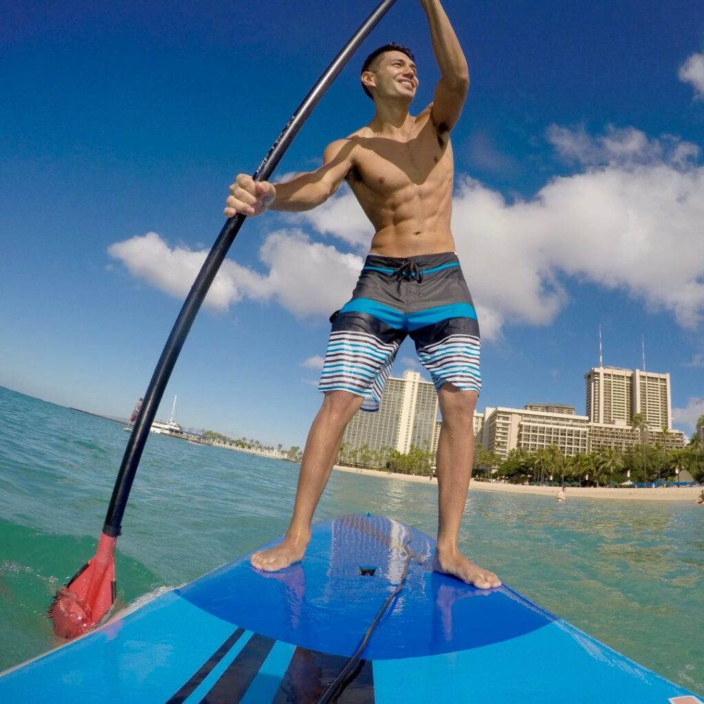 Image of a man stand up paddling in Waikiki Oahu.