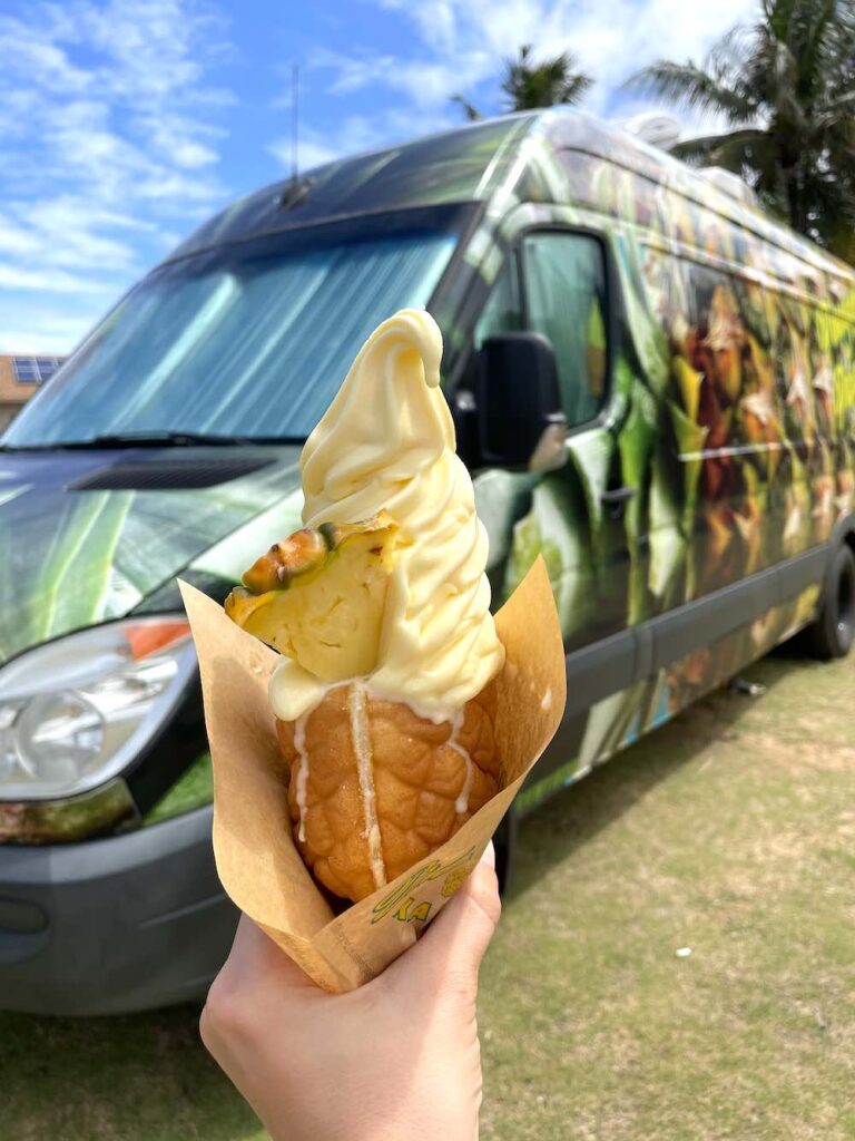 Image of Dole Whip in a taiyaki cone