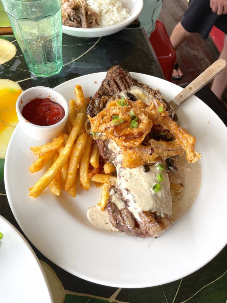 Image of a giant steak topped with sauce and fried onions.